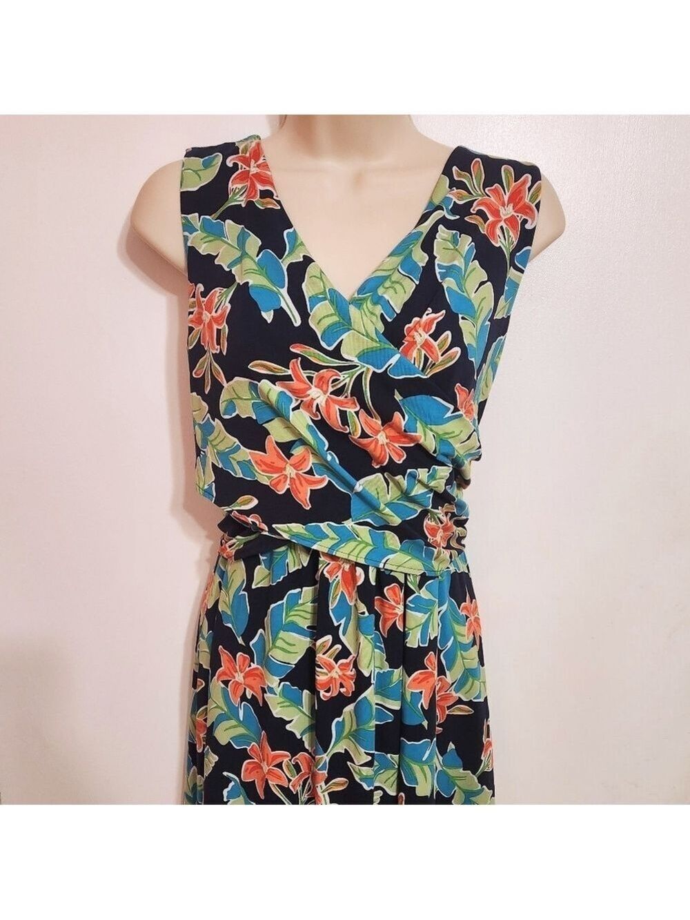 Lands End Green Black Floral Wrap A Line Dress Medium 10 12 - Picture 3 of 11
